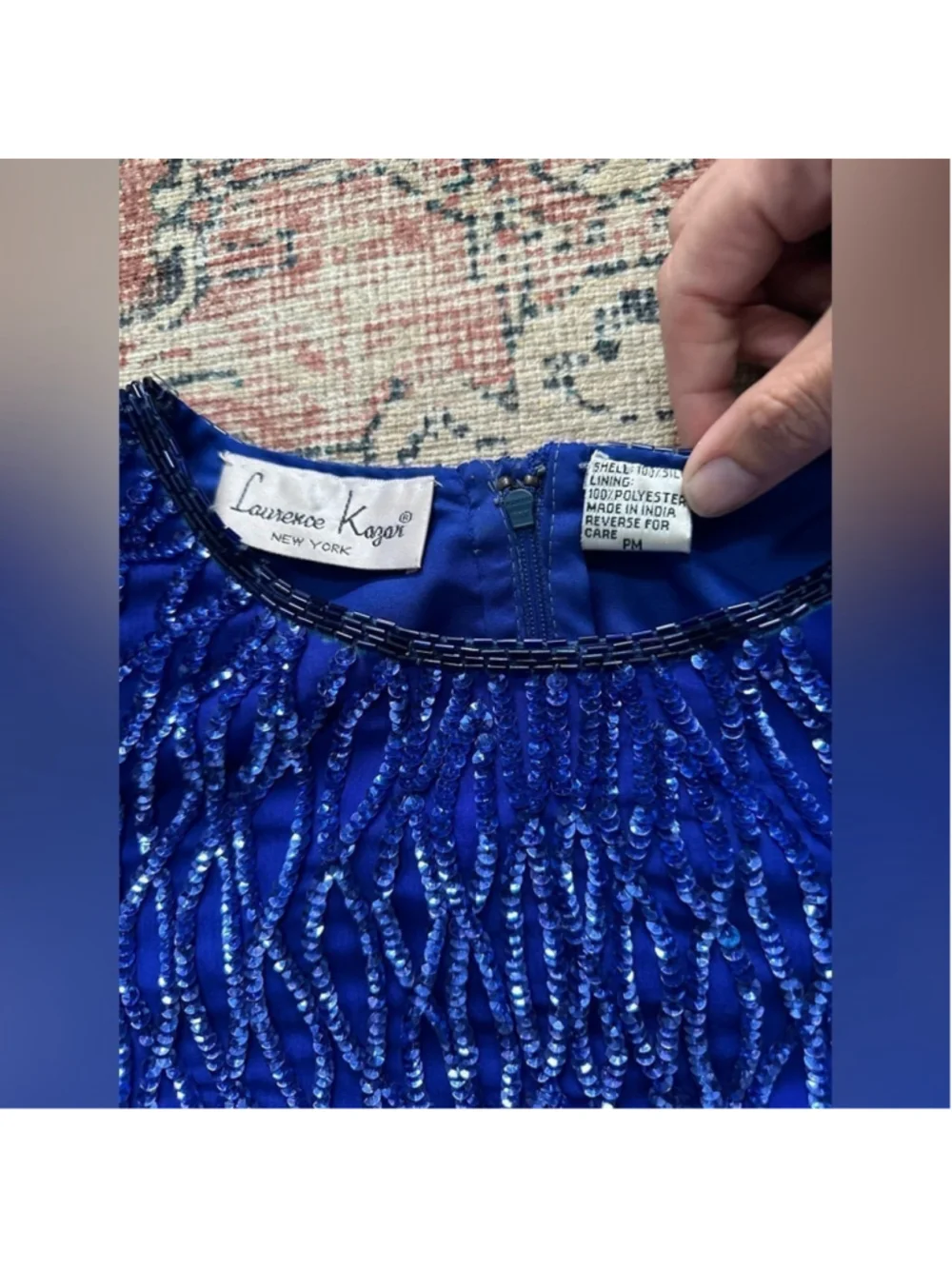 Lawrence Kogar Women's Blue Print Short Sleeve Silk Beaded Mini Dress - Picture 3 of 12